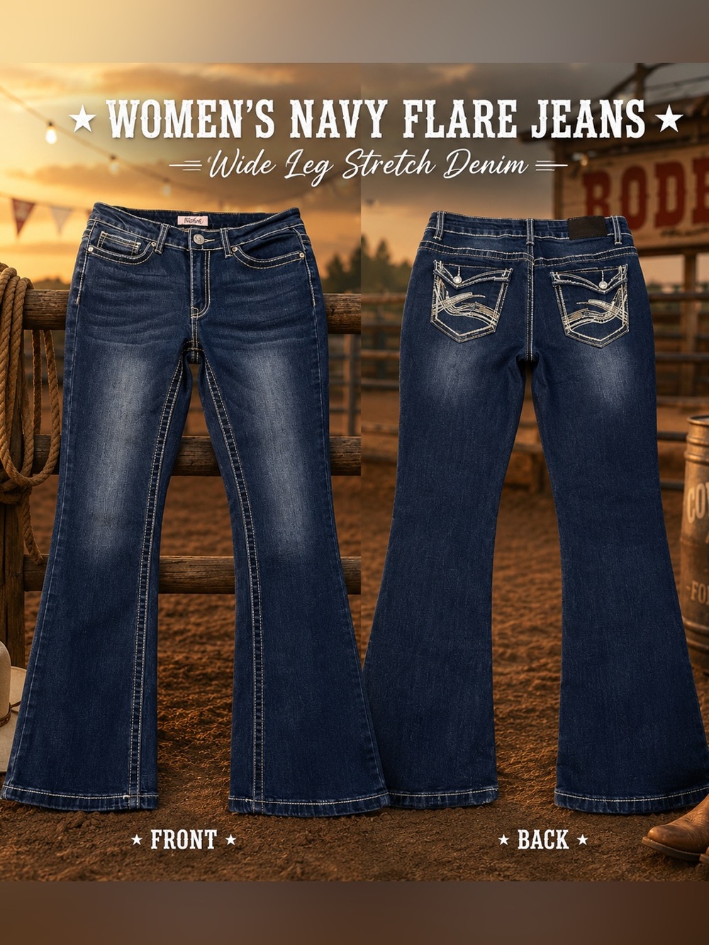 Women's Navy Flare Jeans - Wide Leg Stretch Denim 9/10 juniors